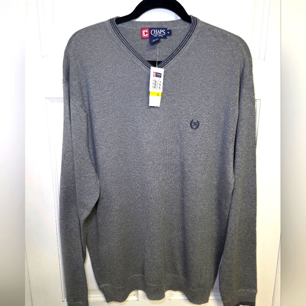 Chaps 100% Cotton Crew Neck Knit Sweater- Size Med Gray NWT